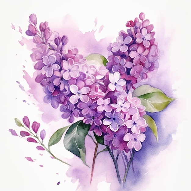 Uma pintura em aquarela de um ramo de flores lilás.