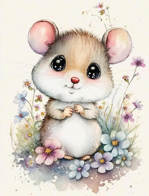 Uma pintura em aquarela de um rato em um campo de flores.