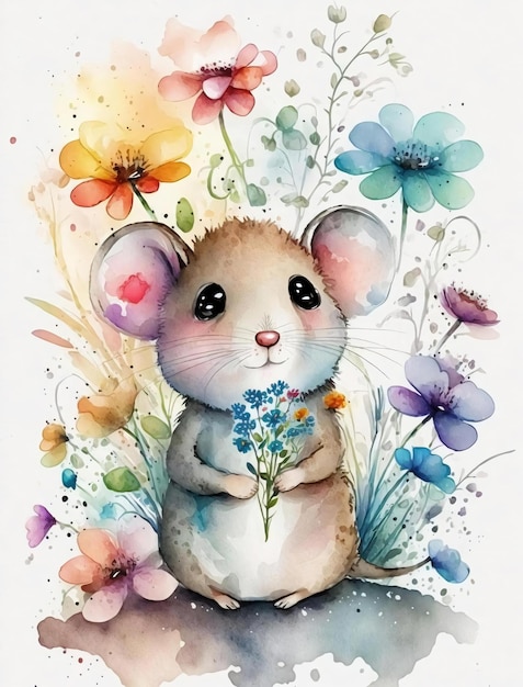 Uma pintura em aquarela de um rato segurando um buquê de flores.