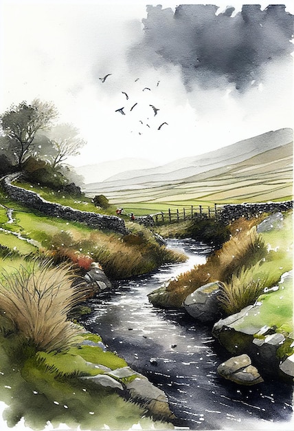 Uma pintura em aquarela de um riacho com uma ponte ao longe.