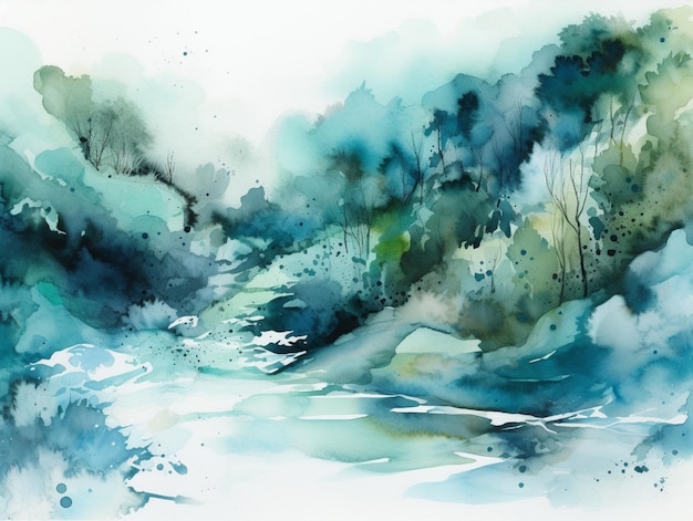 Uma pintura em aquarela de um rio com árvores e um céu azul.