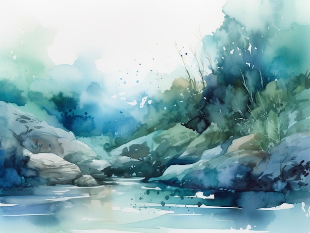 Uma pintura em aquarela de um rio com um céu azul e as palavras "rio" na parte inferior.