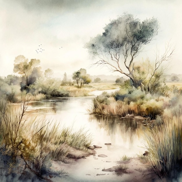 Uma pintura em aquarela de um rio com uma árvore em primeiro plano.