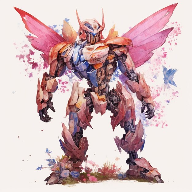 Uma pintura em aquarela de um robô com asas e asas cor de rosa.
