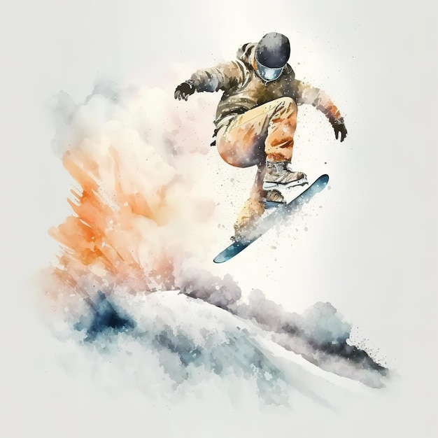 Uma pintura em aquarela de um snowboarder no ar.