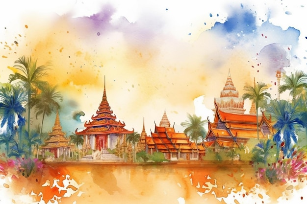 Uma pintura em aquarela de um templo na Tailândia