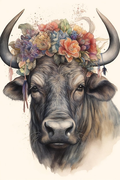 Uma pintura em aquarela de um touro com flores na cabeça