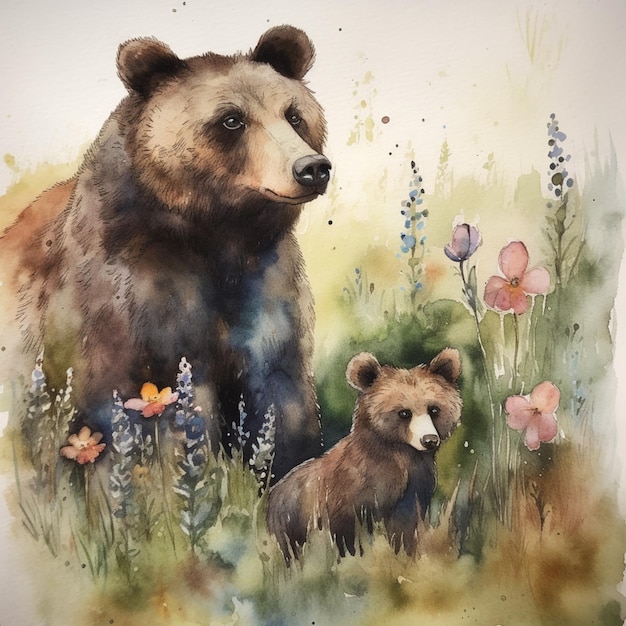 Uma pintura em aquarela de um urso e seu filhote