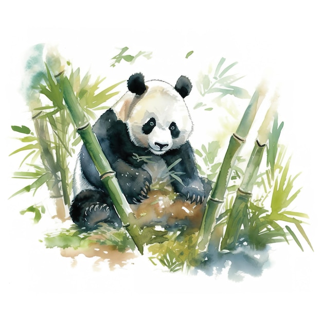 Uma pintura em aquarela de um urso panda comendo bambu Imagem generativa de IA