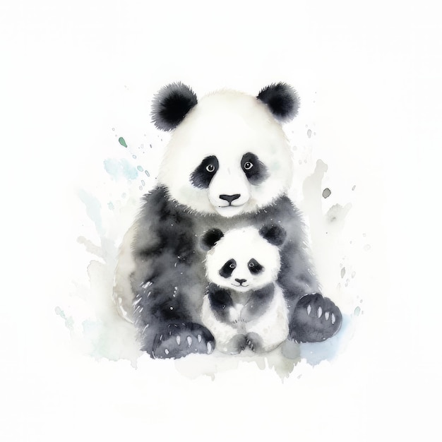 Uma pintura em aquarela de um urso panda e um ursinho bebê.