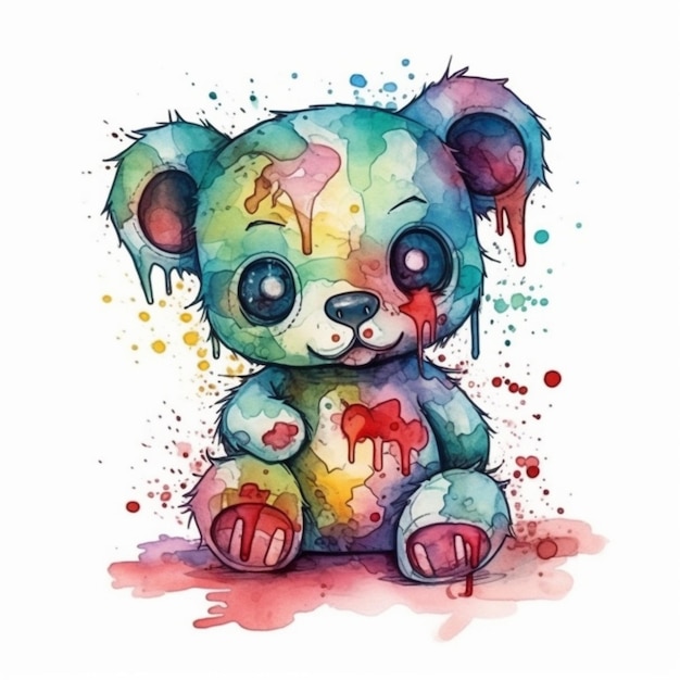 Uma pintura em aquarela de um urso panda triste.