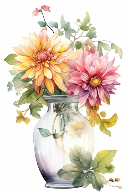 Uma pintura em aquarela de um vaso com flores e folhas.