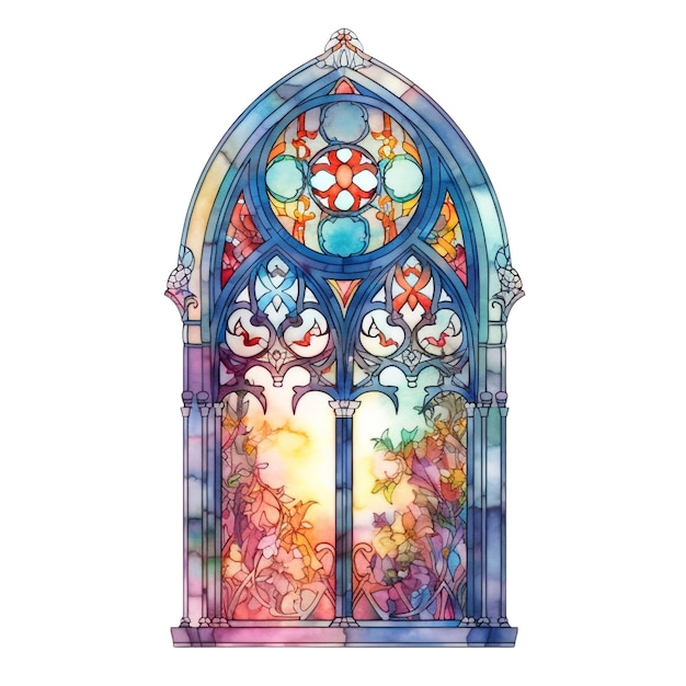 Uma pintura em aquarela de um vitral com as palavras "a igreja" no meio.