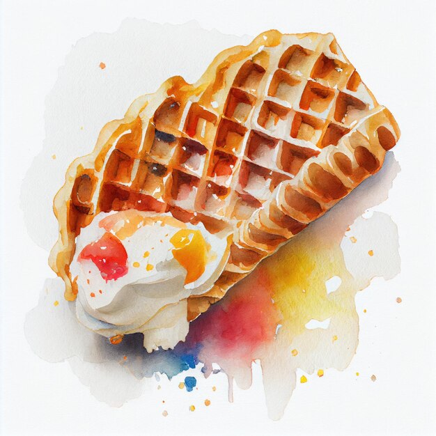 Uma pintura em aquarela de um waffle com creme e uma cereja no topo.