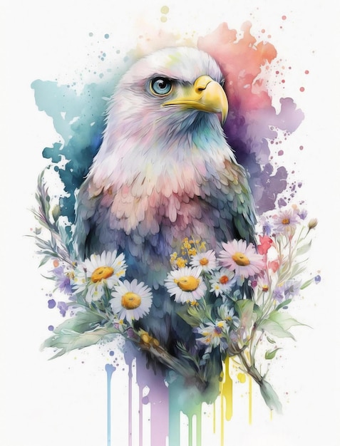 Uma pintura em aquarela de uma águia careca com flores.