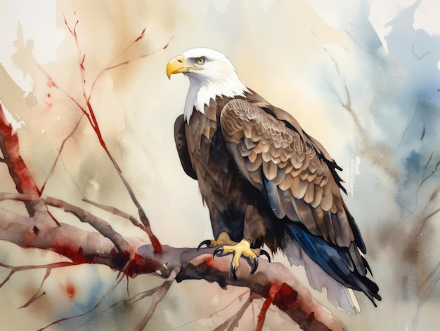Uma pintura em aquarela de uma águia careca empoleirada em uma imagem de ai generativa de galho
