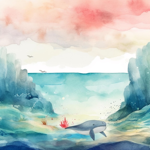 Uma pintura em aquarela de uma baleia no oceano