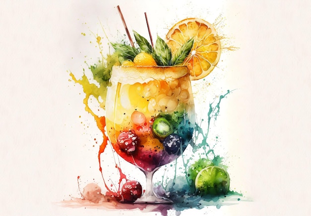 Uma pintura em aquarela de uma bebida colorida com um monte de frutas.