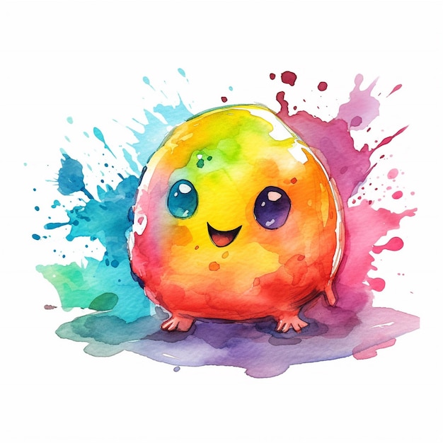 Uma pintura em aquarela de uma bola colorida do arco-íris com um rosto sorridente.