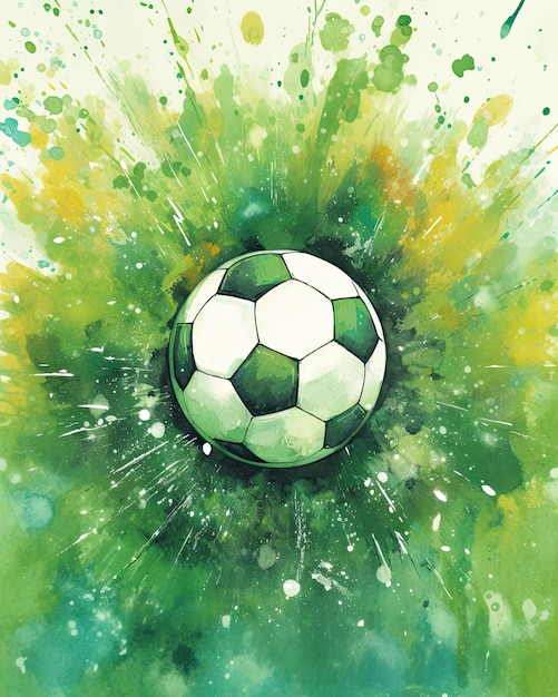 Uma pintura em aquarela de uma bola de futebol com tinta verde e amarela.