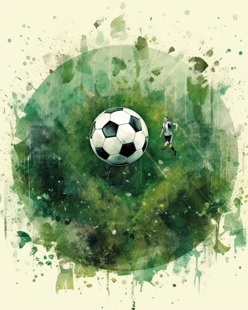 Uma pintura em aquarela de uma bola de futebol com uma pessoa correndo em direção ao gol.