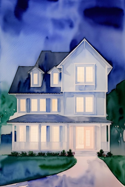 Uma pintura em aquarela de uma casa à noite