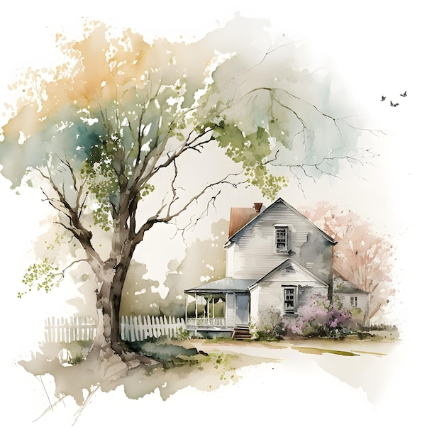 Uma pintura em aquarela de uma casa com uma árvore em primeiro plano