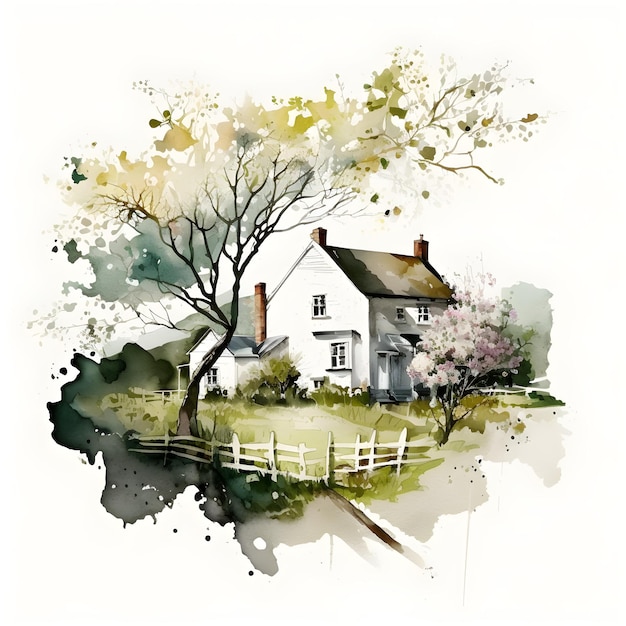 Uma pintura em aquarela de uma casa com uma cerca branca e uma árvore em primeiro plano.