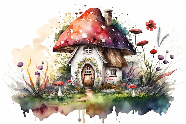 Uma pintura em aquarela de uma casa de cogumelo