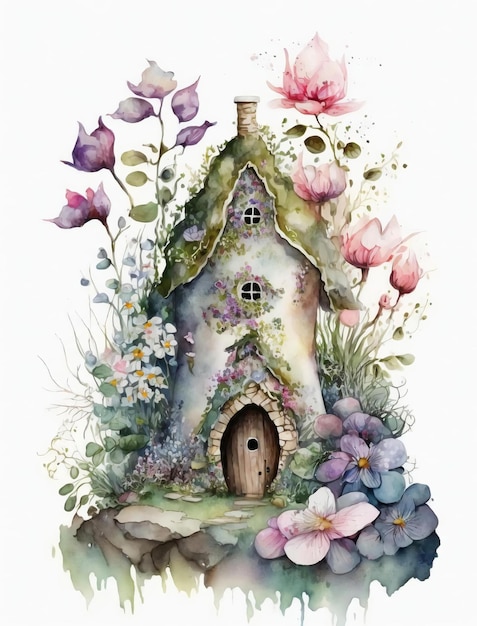 Uma pintura em aquarela de uma casa de fadas com um telhado verde e flores.