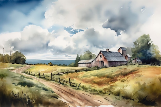 Uma pintura em aquarela de uma cena rural rural com uma fazenda pitoresca ou celeiro colinas ondulantes e um céu azul com nuvens fofas geram ai