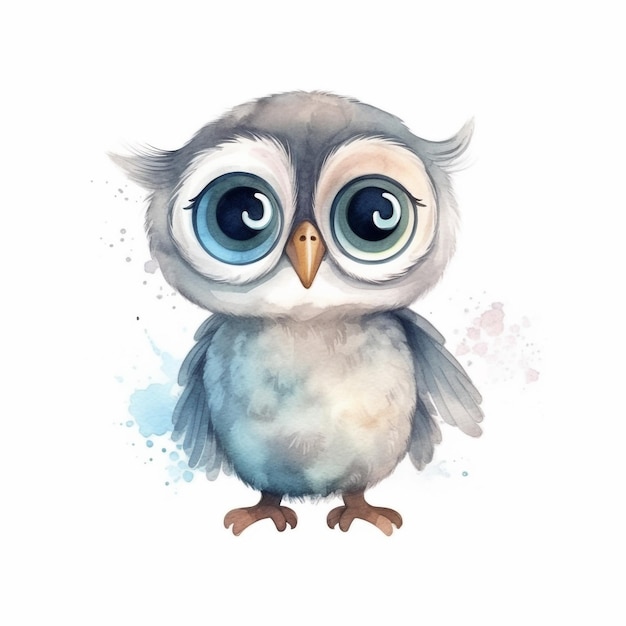 Uma pintura em aquarela de uma coruja bonitinha com grandes olhos azuis.