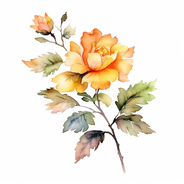 Uma pintura em aquarela de uma flor amarela com folhas.