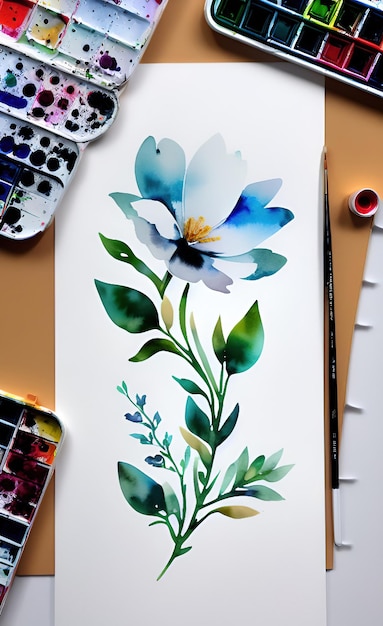 Uma pintura em aquarela de uma flor azul