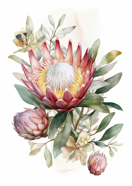 Uma pintura em aquarela de uma flor protea com folhas e flores.