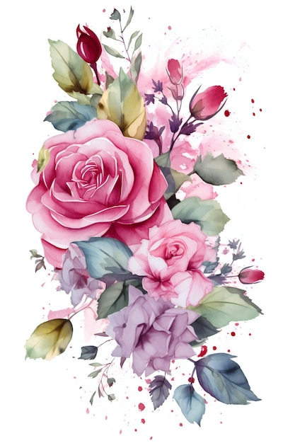 Uma pintura em aquarela de uma flor rosa com folhas e flores.