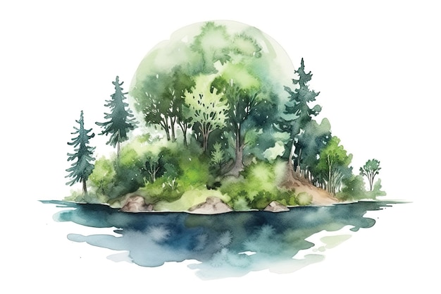 Uma pintura em aquarela de uma floresta verde