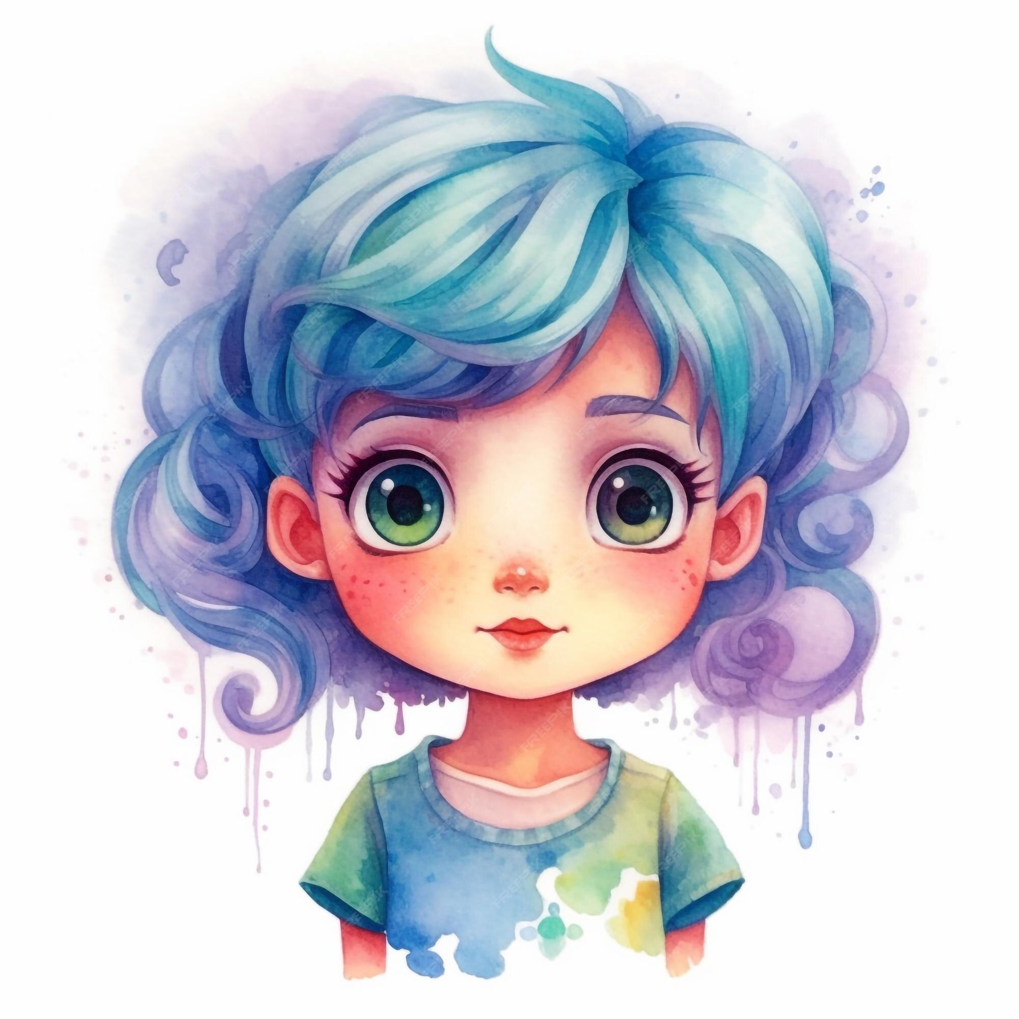 Uma ilustração em aquarela de uma garota com cabelo azul e uma