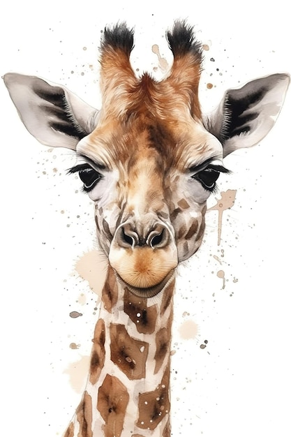 Foto uma pintura em aquarela de uma girafa com nariz preto e fundo branco.