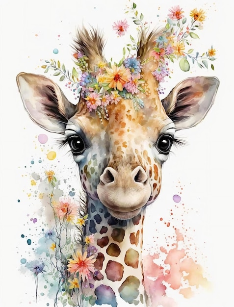 Uma pintura em aquarela de uma girafa com uma coroa de flores.