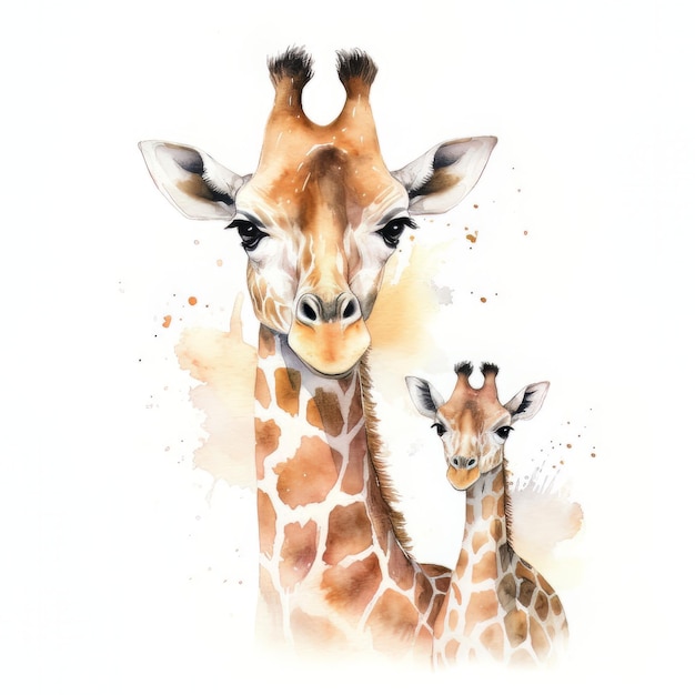 Uma pintura em aquarela de uma girafa e seu bebê