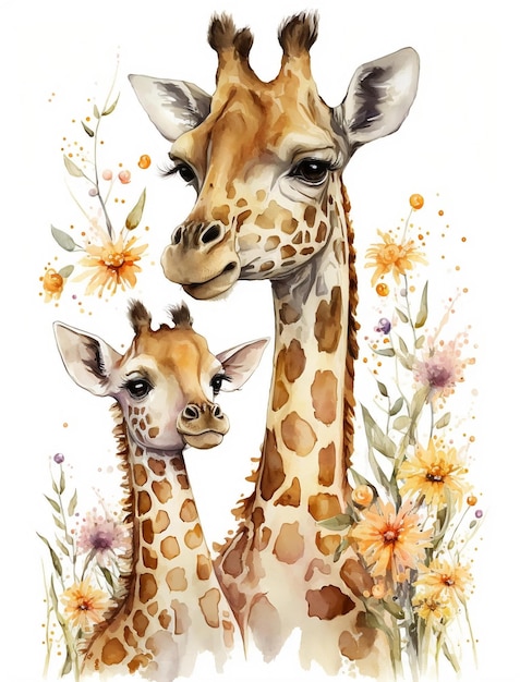 Uma pintura em aquarela de uma girafa mãe e bebê