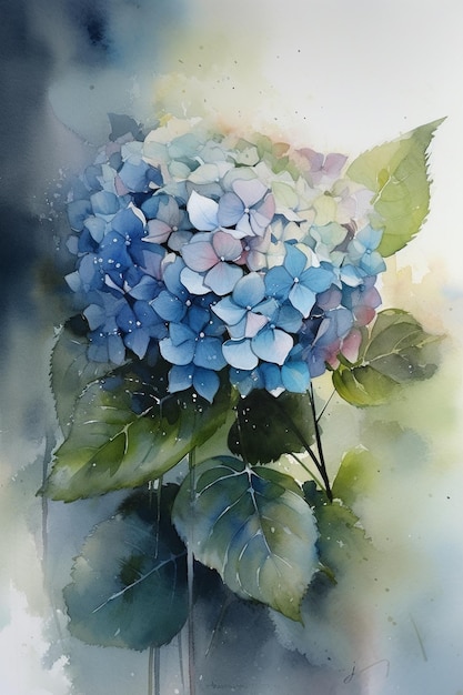 Uma pintura em aquarela de uma hortênsia azul