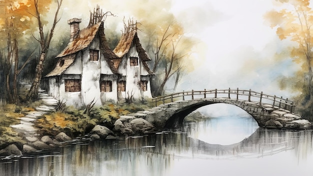 Uma pintura em aquarela de uma imagem ai generativa de casa e ponte