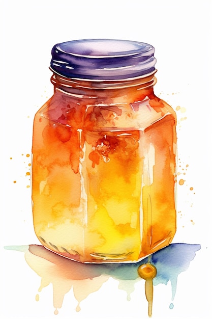 Uma pintura em aquarela de uma jarra de suco de laranja.