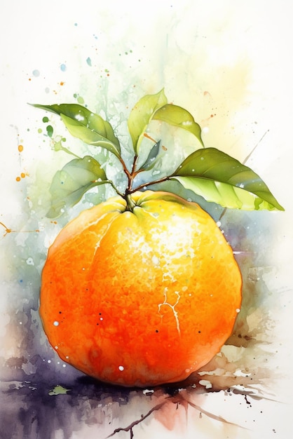 Uma pintura em aquarela de uma laranja com folhas verdes