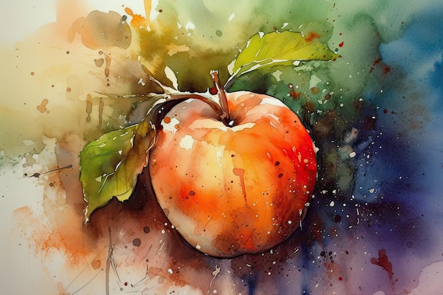 Uma pintura em aquarela de uma maçã vermelha com folhas verdes.