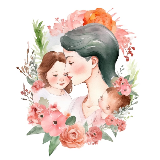 Uma pintura em aquarela de uma mãe beijando seu bebê no Dia das Mães