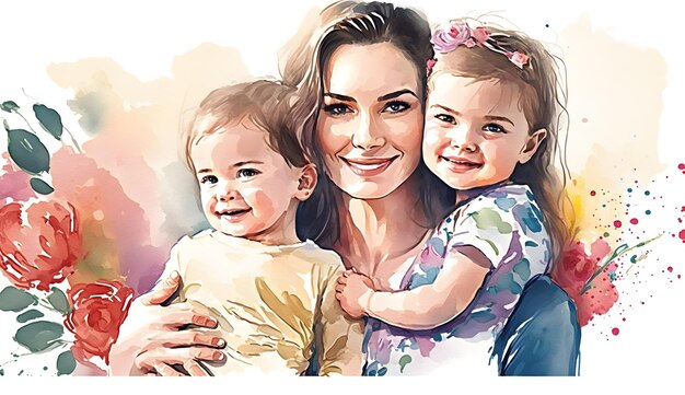 Uma pintura em aquarela de uma mãe e seus dois filhos sorrindo retrato