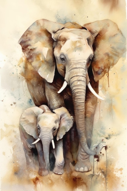 Uma pintura em aquarela de uma mãe elefante com seu bebê.